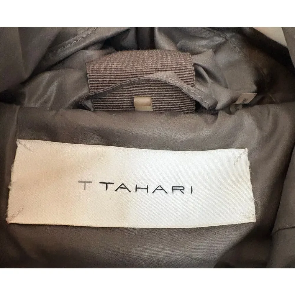 Tahari Coat Womens S Duck Down Long Zip Front Chocolate Brown Puffer Hooded - Picture 3 of 6